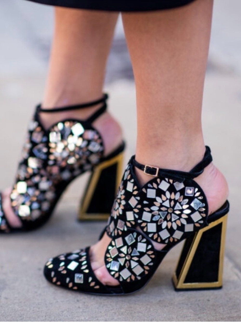 Kat Maconie Frida black suede mirror detail heels.